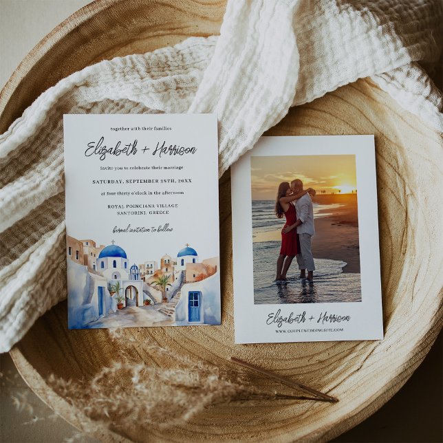 Watercolor Santorini Greece Wedding Photo Invitation (Watercolor Santorini Greece Wedding Photo Invitation)
