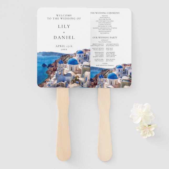 Watercolor Santorini Greece Wedding Program Hand Fan (Front and Back)