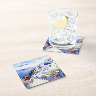 Watercolor Santorini Oia  Square Paper Coaster