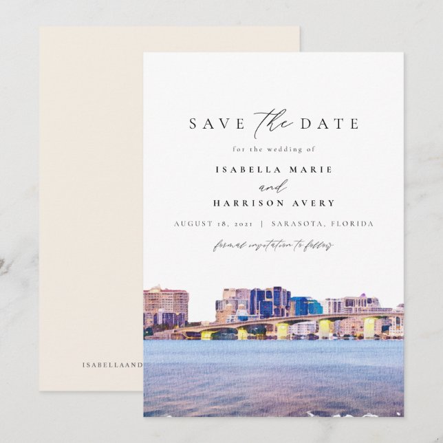 Watercolor Sarasota Florida Skyline Save the Date Invitation (Front/Back)