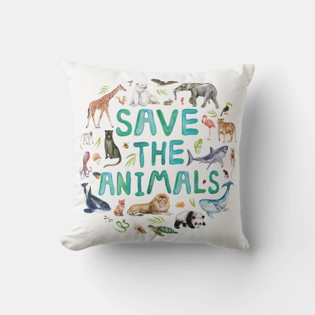 Watercolor Save the Animals Throw Pillow (Front)