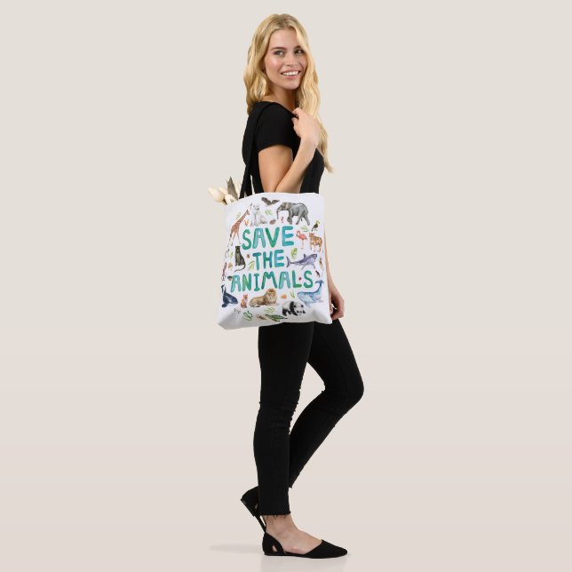 Watercolor Save the Animals Tote Bag (On Model)