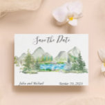 Watercolor Save the Date Mountain Forest River Announcement Postcard<br><div class="desc">This design may be personalized in the area provided by changing the photo and/or text. Or it can be customized by clicking Personalize this Template and then choosing the click to customize further option and delete or change the colour of the background, add text, change the text colour or style,...</div>