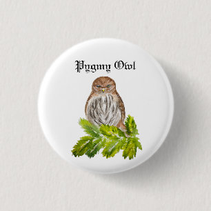 Watercolor Saw Whet Cute Little Owls 1 Inch Round Button