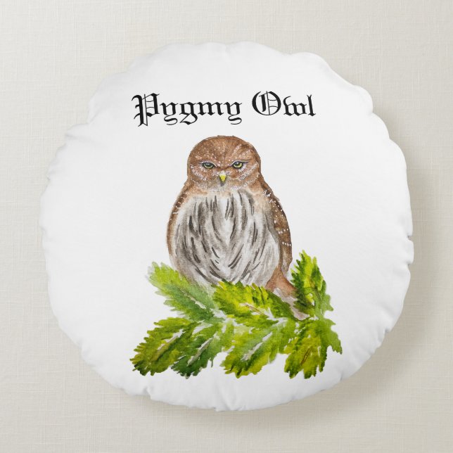 Watercolor Saw Whet Cute Little Owls Round Pillow (Front)