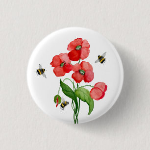 Watercolor scarlet poppy flowers and cute bumblebe 1 inch round button