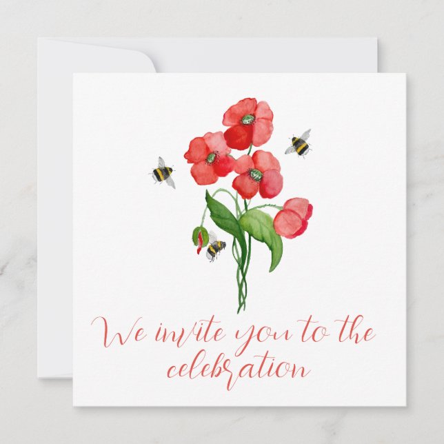 Watercolor scarlet poppy flowers and cute bumblebe invitation (Front)