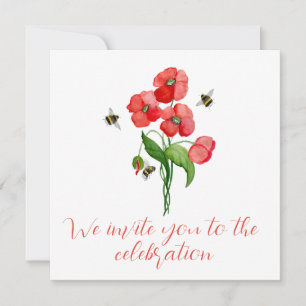 Watercolor scarlet poppy flowers and cute bumblebe invitation