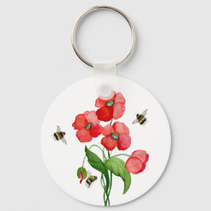 Watercolor scarlet poppy flowers and cute bumblebe keychain