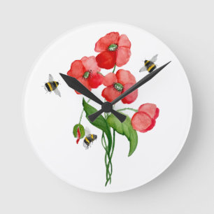 Watercolor scarlet poppy flowers and cute bumblebe round clock