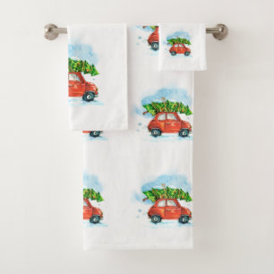 Watercolor scene - Car with Tree on top Bath Towel Set