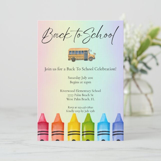 Watercolor School Bus Rainbow Back to School  Invitation (Standing Front)