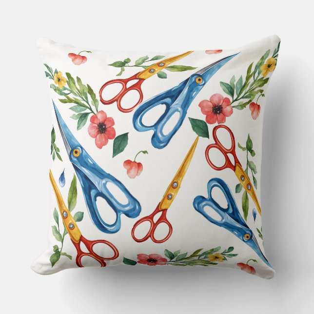 Watercolor Scissors & Wildflowers Seamless Pattern Throw Pillow (Front)