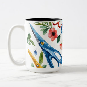 Watercolor Scissors & Wildflowers Seamless Pattern Two-Tone Coffee Mug