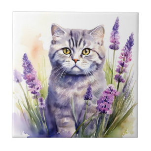Watercolor Scottish Fold Cat in Lavender Field Tile