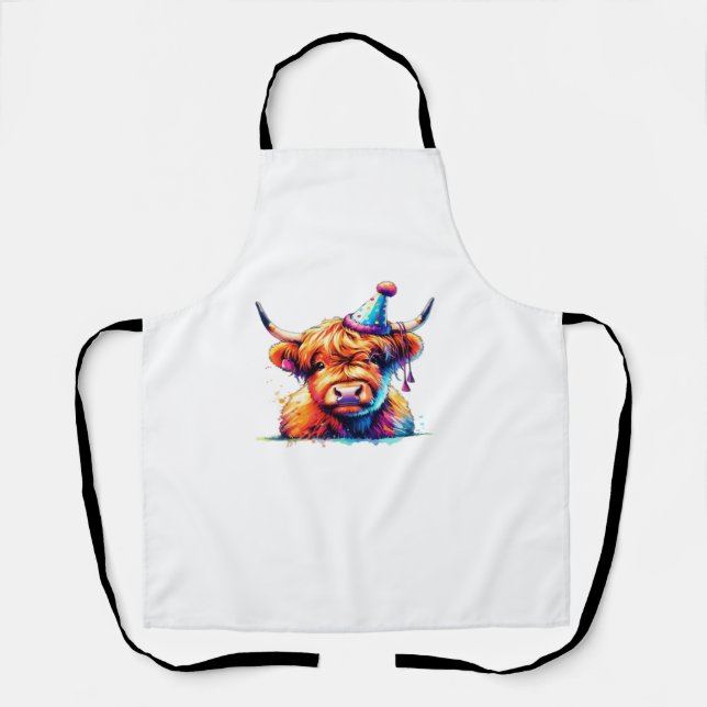 Watercolor Scottish Highland Cow Birthday Essentia Apron (Front)
