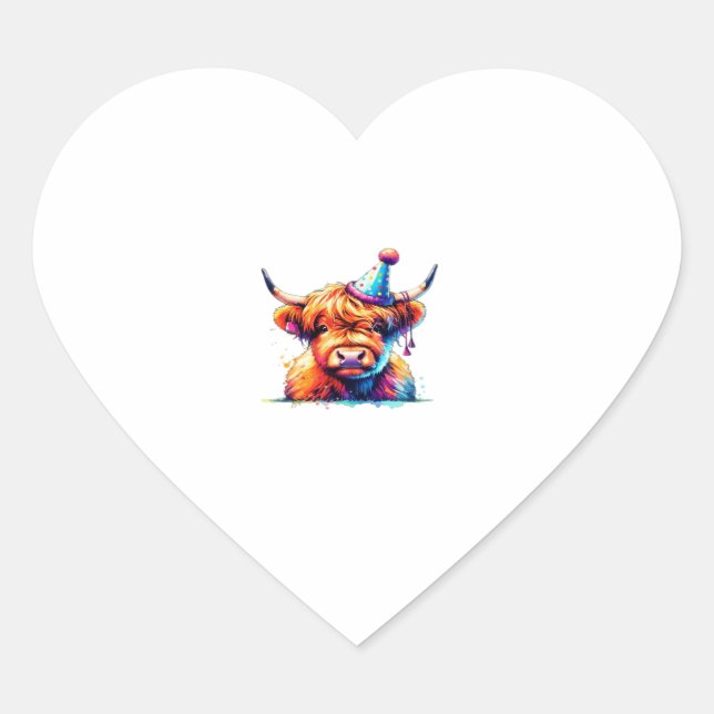 Watercolor Scottish Highland Cow Birthday Essentia Heart Sticker (Front)