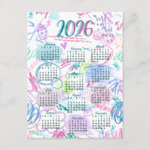 Watercolor scribbles calendar  holiday postcard