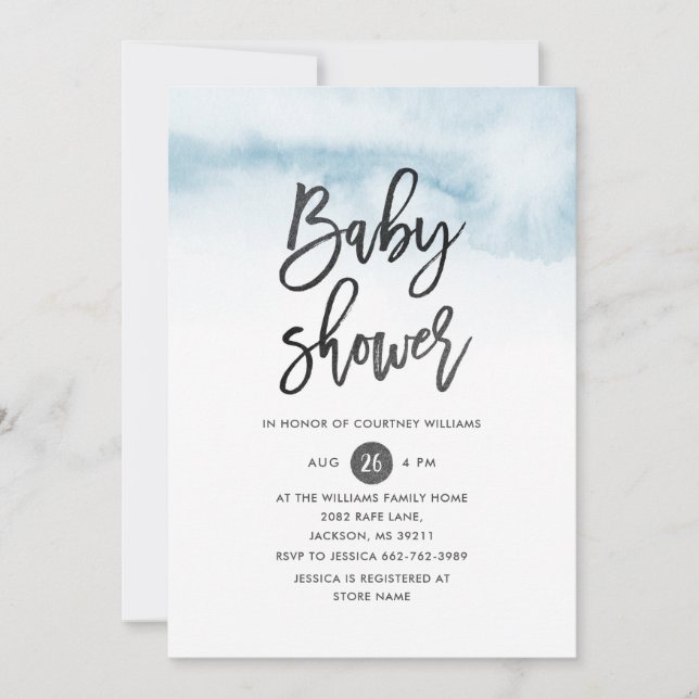 Watercolor Script Baby Shower Invitation in Blue (Front)