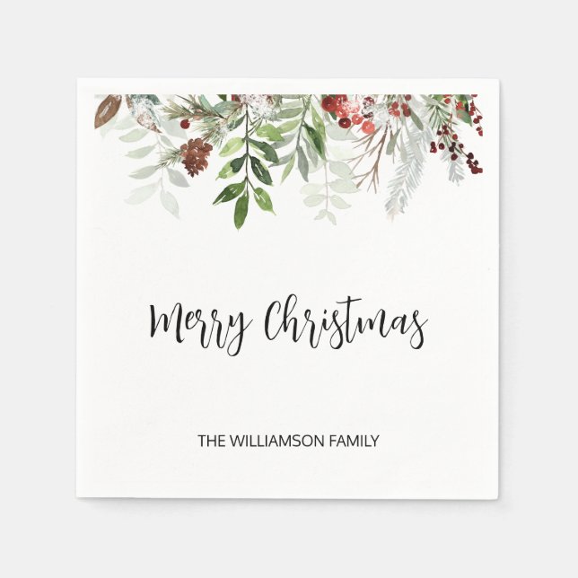 Watercolor Script Merry Christmas Greenery Napkin (Front)