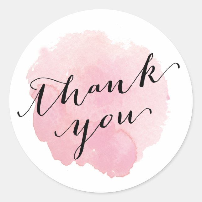 Watercolor Script Pink Thank You Classic Round Sticker (Front)