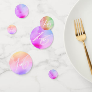 Watercolor Script Rainbow Pastel Sweet 16 Confetti