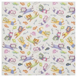 Watercolor Scuba Diving Cats Pattern Fabric