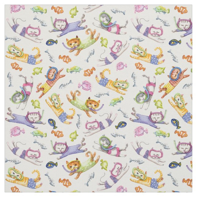 Watercolor Scuba Diving Cats Pattern Fabric (Swatch)