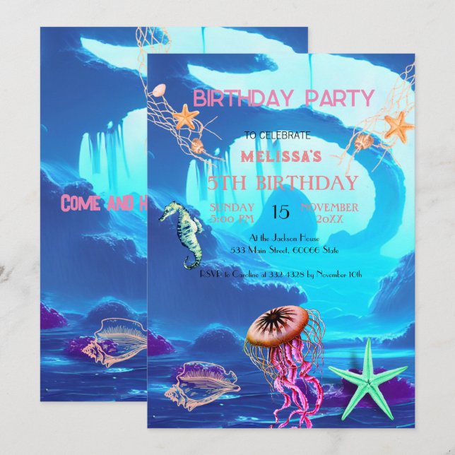 Watercolor Sea Animals Birthday Party Invitation (Front/Back)