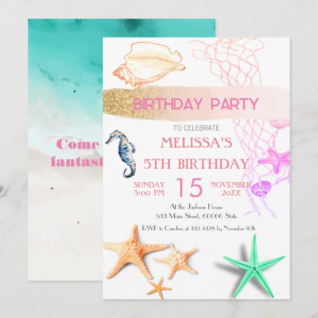 Watercolor Sea Animaux Invitation de fête d'annive (Devant / Derrière)