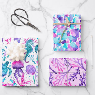 Watercolor Sea Creatues, Paint Strokes and Coral Wrapping Paper Sheet