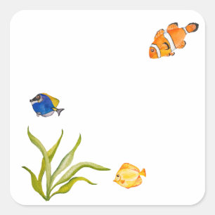 Watercolor sea fish and seaweed square sticker