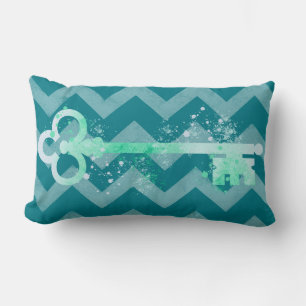 Watercolor Sea foam Green Ornate Key Chevrons Lumbar Pillow