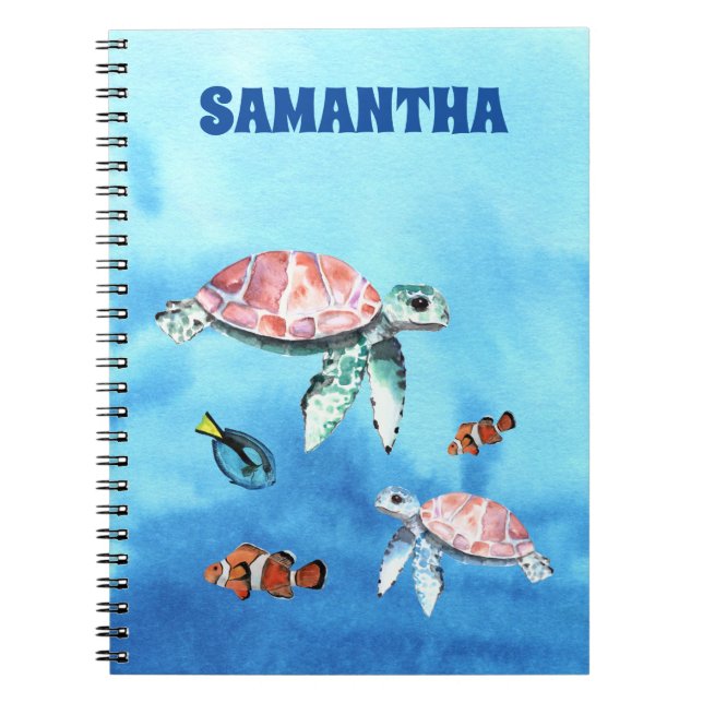 Watercolor Sea Friends Fish Turtles Monogram Name Notebook (Front)
