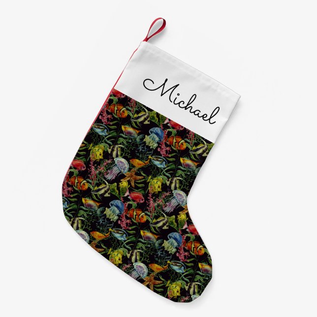 Watercolor Sea Life  | Add Your Name Small Christmas Stocking (Front (Hanging))