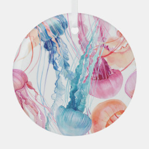 Watercolor Sea Life: Bubbles & Jellyfish Glass Ornament