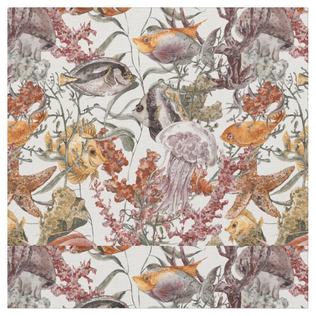 Watercolor Sea Life Pattern 2 Fabric (Close Up)