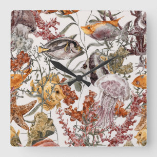 Watercolor Sea Life Pattern 2 Square Wall Clock