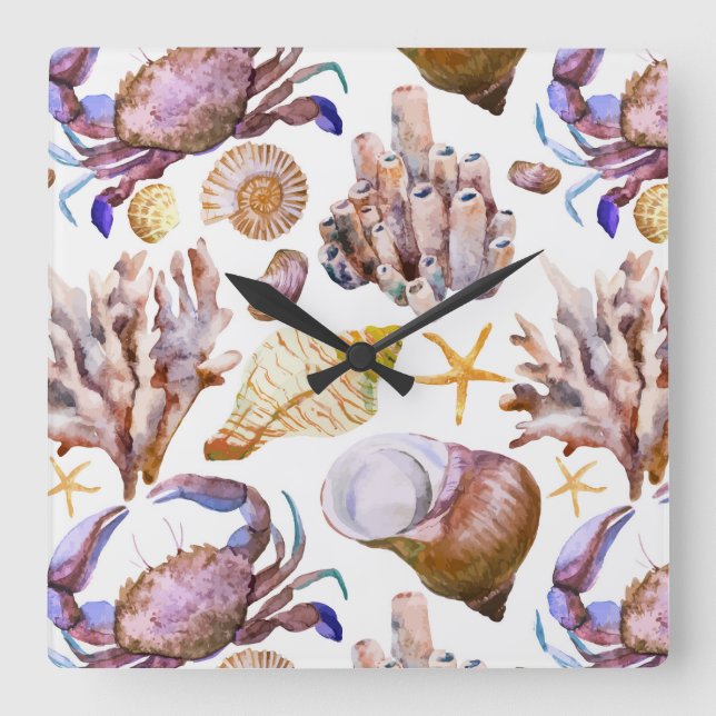 Watercolor Sea Life Pattern 4 Square Wall Clock (Front)