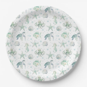 Watercolor Sea Ocean Nautical Starfish Shells Paper Plate