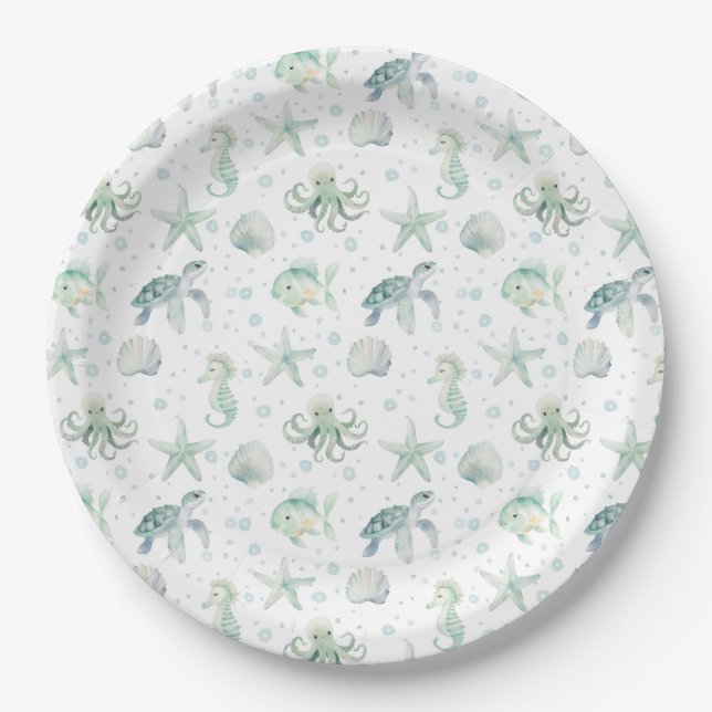 Watercolor Sea Ocean Nautical Starfish Shells Paper Plate (Front)
