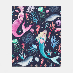 Watercolor sea pattern with mermaids, corals, seah fleece blanket
