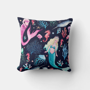 Watercolor sea pattern with mermaids, corals, seah throw pillow