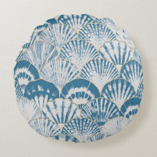 Watercolor sea shell japanese waves seamless patte round pillow