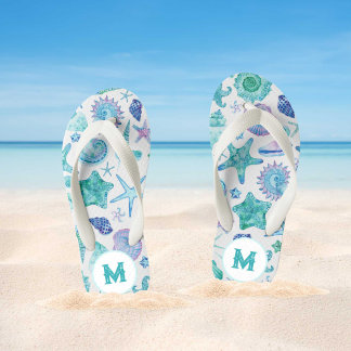 Watercolor Sea Shells and Starfish Monogram Kid's Flip Flops