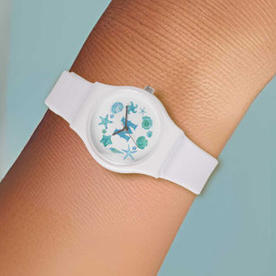 Watercolor Sea Shells & Starfish Blue Monogrammed Watch