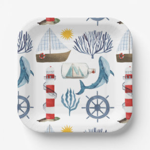 Watercolor Sea Ship,Sailor Whale Sea Baby Shower  Paper Plate