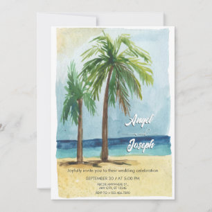 Watercolor sea tropical coconut tree wedding  invitation