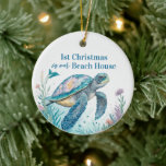 Watercolor Sea Turtle 1st Christmas Beach House Ceramic Ornament<br><div class="desc">Watercolor sea turtle ornament with the text "1st Christmas in our beach house" in blue and green colours for a Coastal Christmas. Personalize it with your family name or a message and the year on the back.</div>