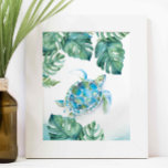 Watercolor Sea Turtle and Monstera Leaves Poster<br><div class="desc">Perfect for kids bedrooms, bathrooms and living areas in your tropical beach home. This print features my original hand painted watercolor sea turtle and monstera palm leaves in shades of turquoise green and blue. It matches my sea side decor collection. To see more art by Victoria Rigali Designs visit www.zazzle.com/dotellabelle...</div>
